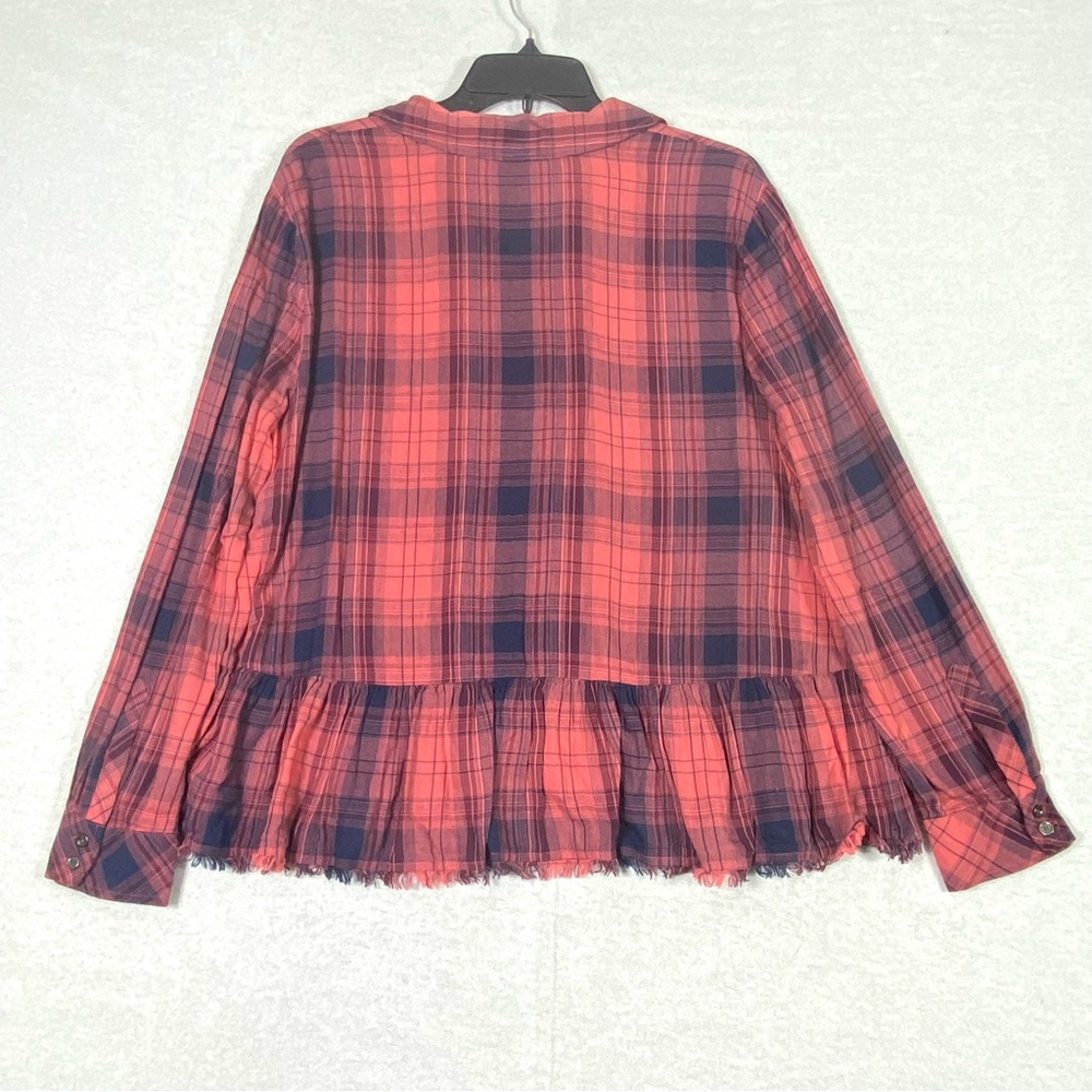 Vince Camuto Plaid Peplum Blouse Women's M Red Blue Frayed Hem Long Sleeve Flowy - Picture 9 of 15